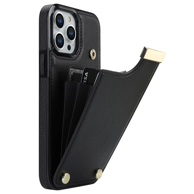 For iPhone 15 Pro Cell Phone Case TPU+PU Leather+Metal Phone Cover with Card Holder - Black