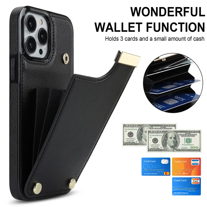 For iPhone 15 Pro Cell Phone Case TPU+PU Leather+Metal Phone Cover with Card Holder - Black
