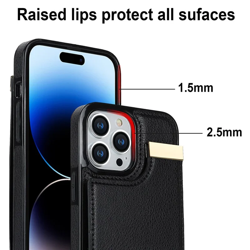 For iPhone 15 Pro Cell Phone Case TPU+PU Leather+Metal Phone Cover with Card Holder - Black