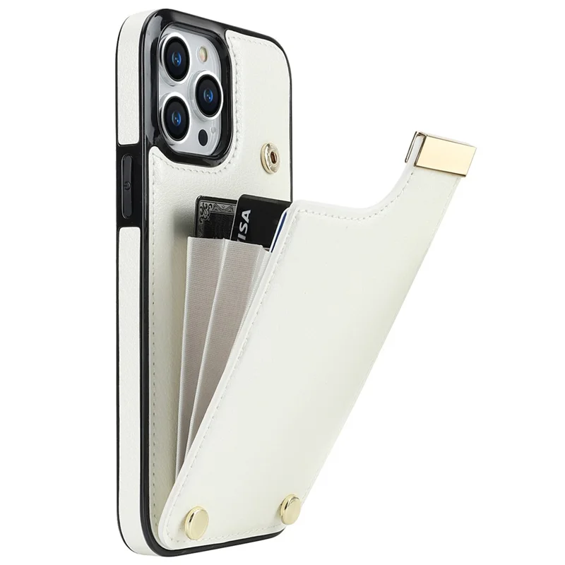 For iPhone 15 Pro Cell Phone Case TPU+PU Leather+Metal Phone Cover with Card Holder - White