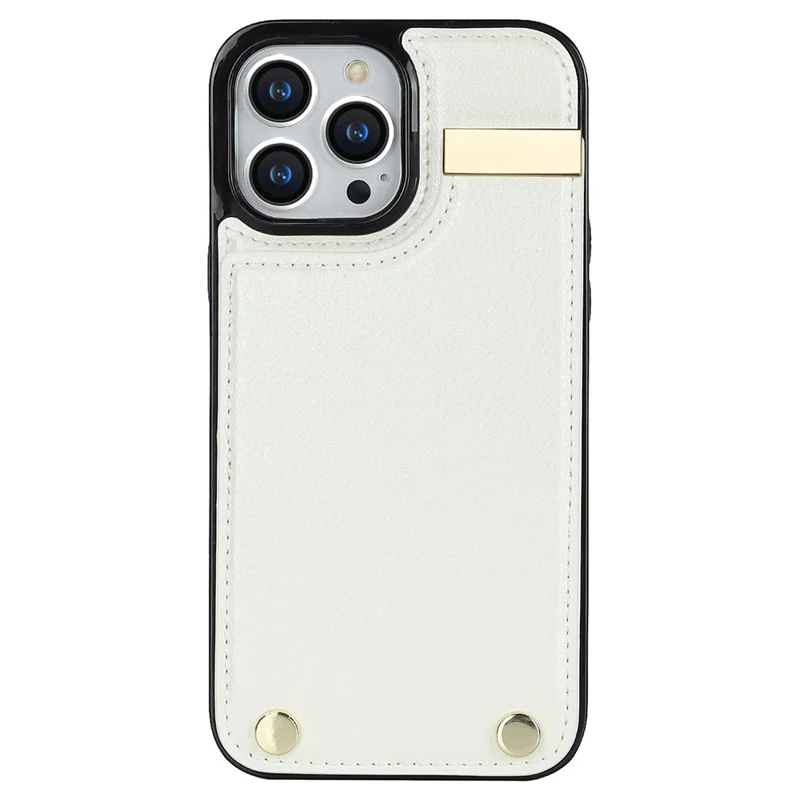 For iPhone 15 Pro Cell Phone Case TPU+PU Leather+Metal Phone Cover with Card Holder - White