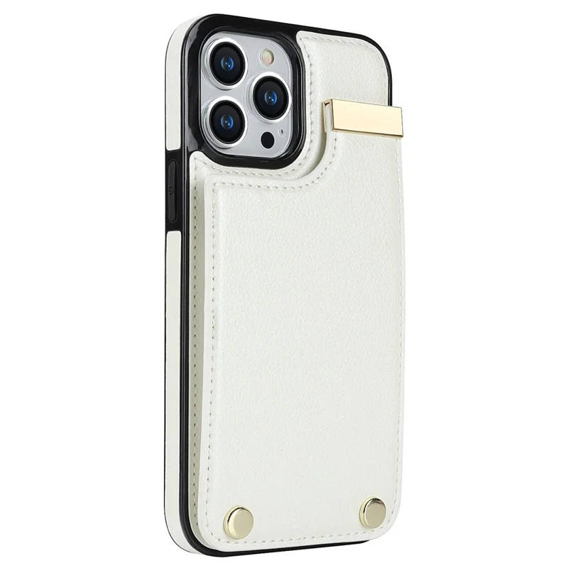 For iPhone 15 Pro Cell Phone Case TPU+PU Leather+Metal Phone Cover with Card Holder - White