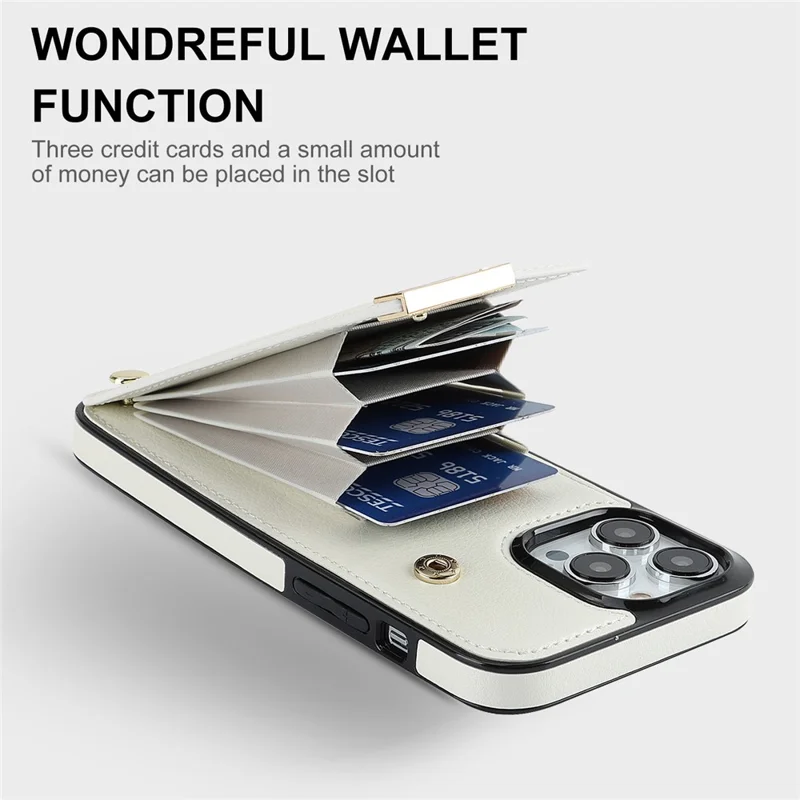 For iPhone 15 Pro Cell Phone Case TPU+PU Leather+Metal Phone Cover with Card Holder - White