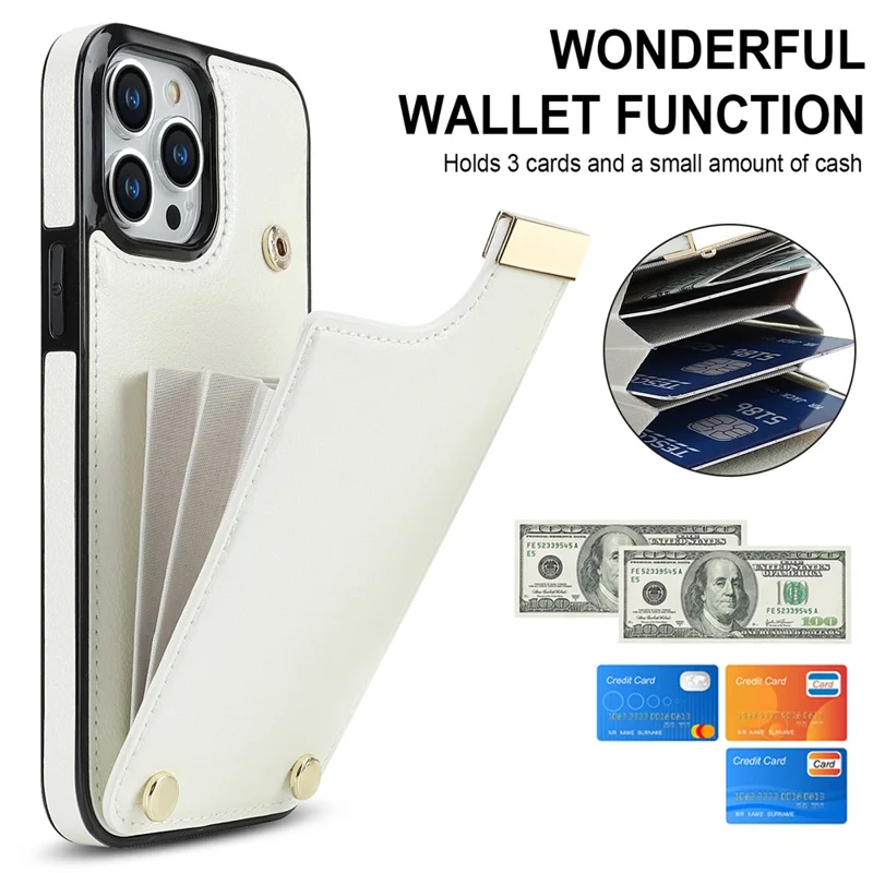 For iPhone 15 Pro Cell Phone Case TPU+PU Leather+Metal Phone Cover with Card Holder - White