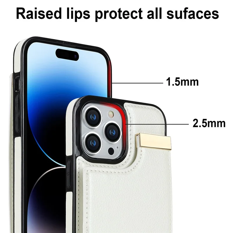 For iPhone 15 Pro Cell Phone Case TPU+PU Leather+Metal Phone Cover with Card Holder - White