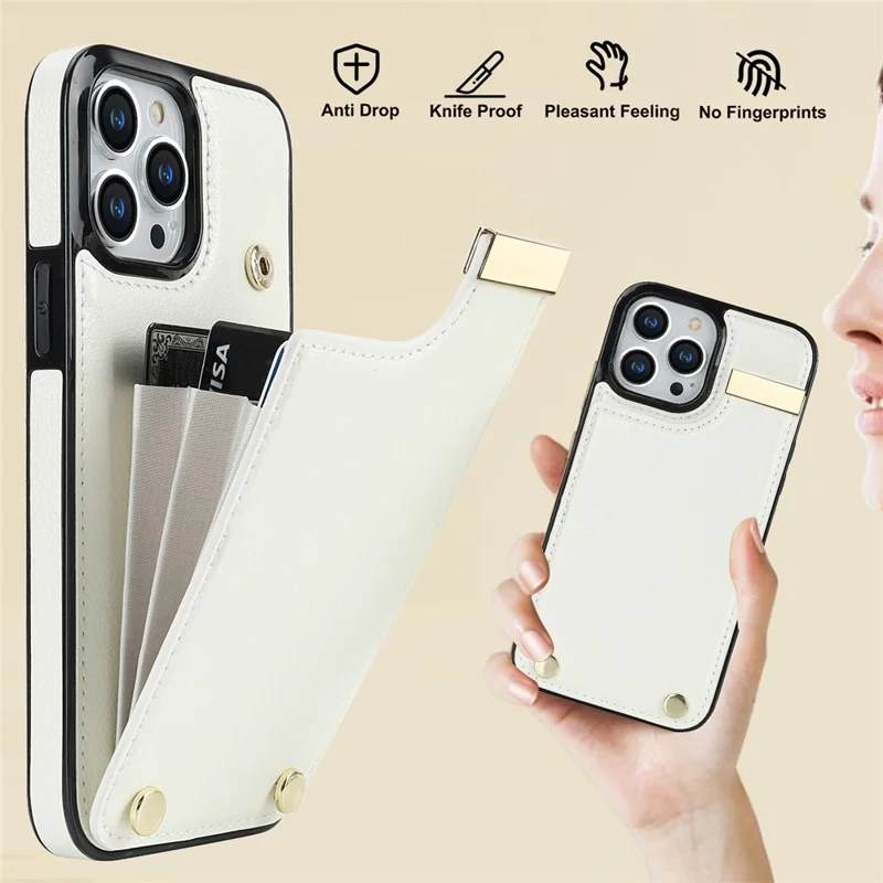 For iPhone 15 Pro Cell Phone Case TPU+PU Leather+Metal Phone Cover with Card Holder - White