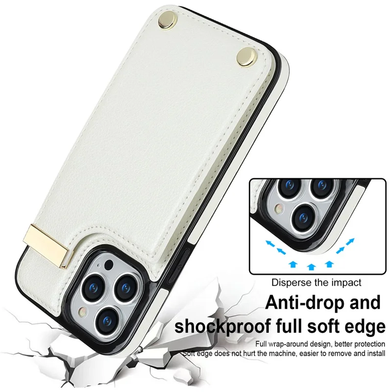 For iPhone 15 Pro Cell Phone Case TPU+PU Leather+Metal Phone Cover with Card Holder - White