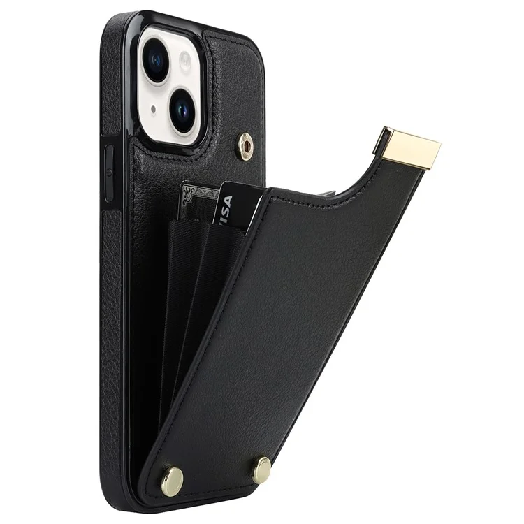 Für iPhone 15 Case Card Holder TPU+PU Leder+Metallhardware Mobiltelefon-Cover - Schwarz