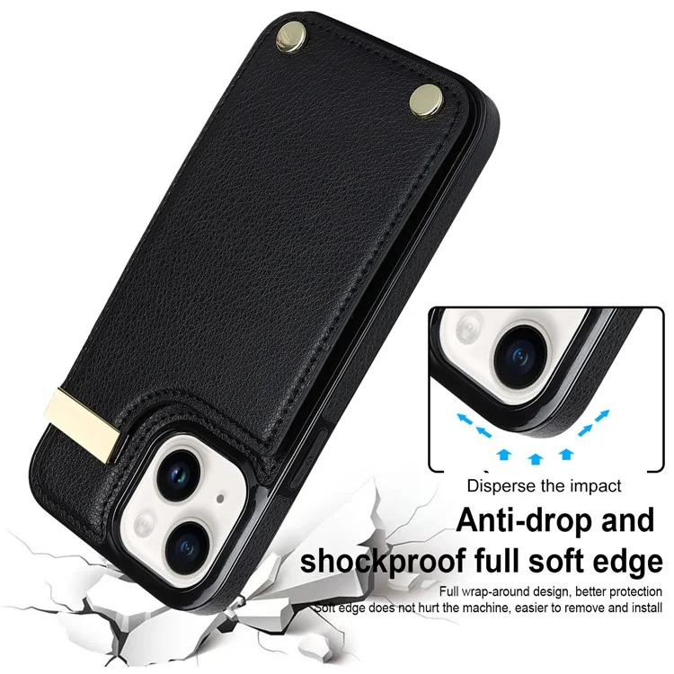 Für iPhone 15 Case Card Holder TPU+PU Leder+Metallhardware Mobiltelefon-Cover - Schwarz