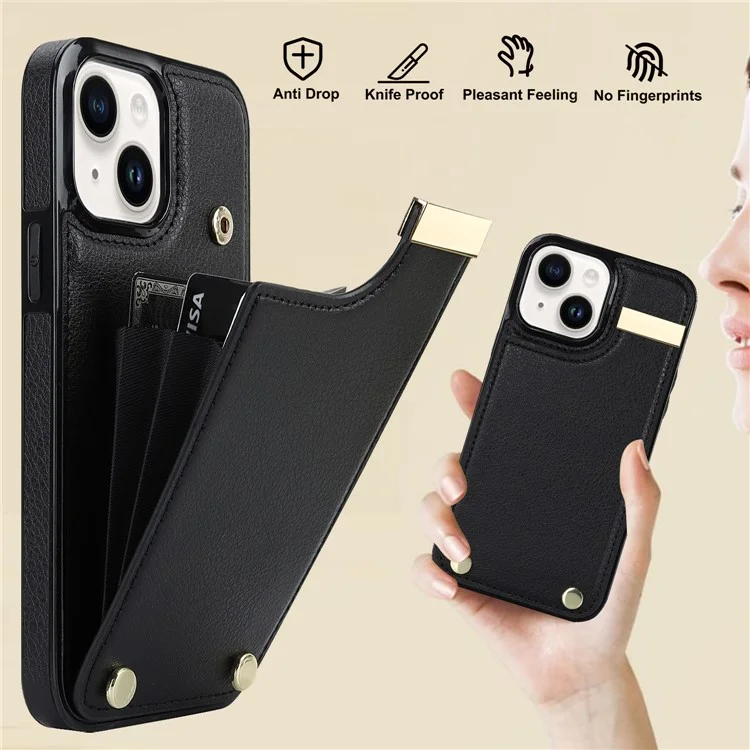 Für iPhone 15 Case Card Holder TPU+PU Leder+Metallhardware Mobiltelefon-Cover - Schwarz