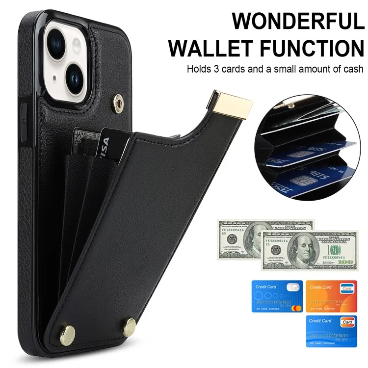 Für iPhone 15 Case Card Holder TPU+PU Leder+Metallhardware Mobiltelefon-Cover - Schwarz