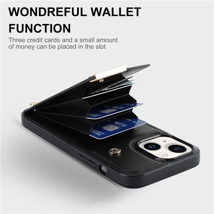 Für iPhone 15 Case Card Holder TPU+PU Leder+Metallhardware Mobiltelefon-Cover - Schwarz