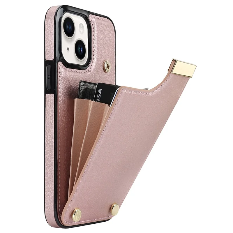 For iPhone 15 Case Card Holder TPU+PU Leather+Metal Hardware Mobile Phone Cover - Rose Gold