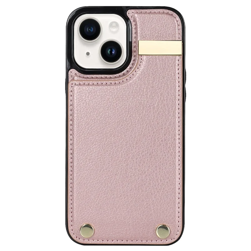 For iPhone 15 Case Card Holder TPU+PU Leather+Metal Hardware Mobile Phone Cover - Rose Gold
