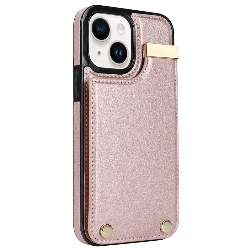 For iPhone 15 Case Card Holder TPU+PU Leather+Metal Hardware Mobile Phone Cover - Rose Gold