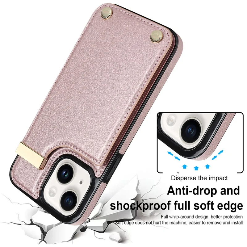 For iPhone 15 Case Card Holder TPU+PU Leather+Metal Hardware Mobile Phone Cover - Rose Gold