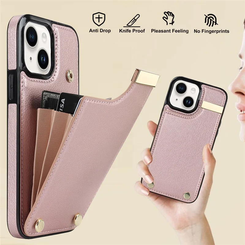 For iPhone 15 Case Card Holder TPU+PU Leather+Metal Hardware Mobile Phone Cover - Rose Gold