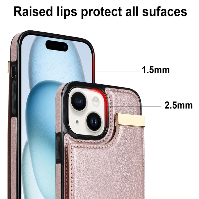 For iPhone 15 Case Card Holder TPU+PU Leather+Metal Hardware Mobile Phone Cover - Rose Gold