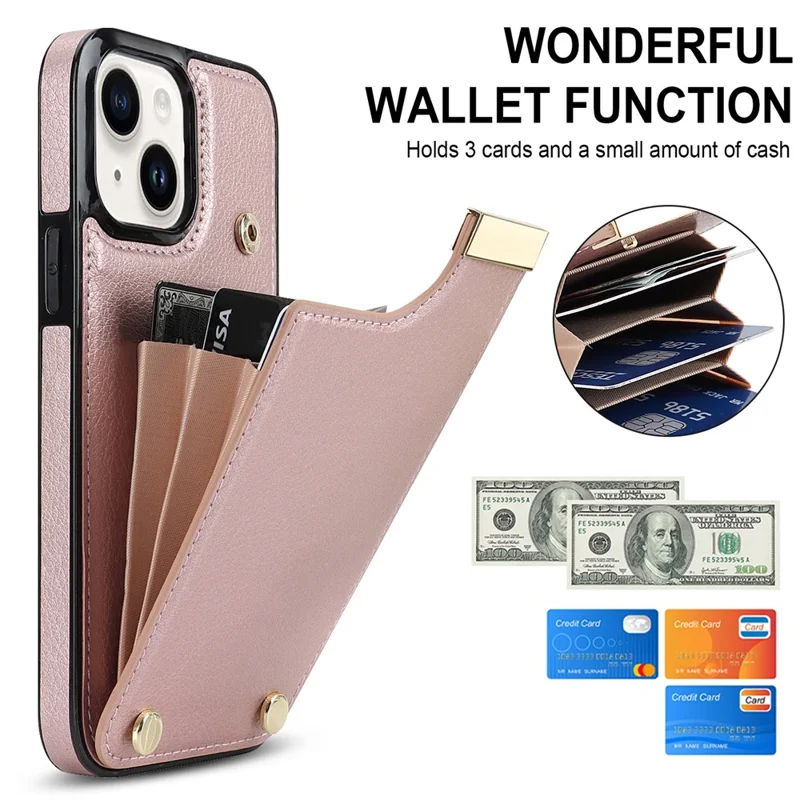For iPhone 15 Case Card Holder TPU+PU Leather+Metal Hardware Mobile Phone Cover - Rose Gold