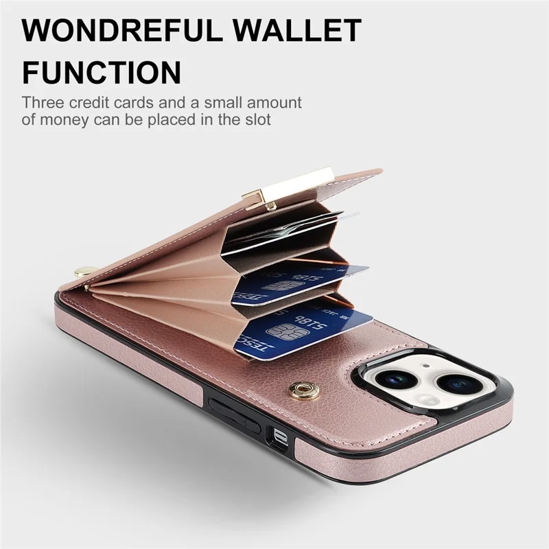 For iPhone 15 Case Card Holder TPU+PU Leather+Metal Hardware Mobile Phone Cover - Rose Gold