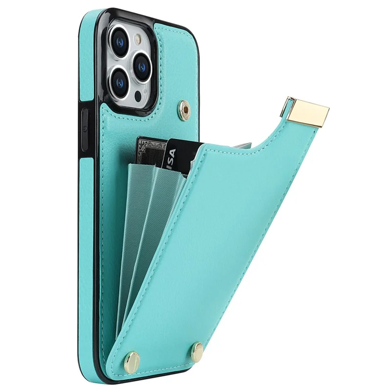For iPhone 14 Pro Max Phone Case Card Holder TPU+PU Leather+Metal Hardware Phone Cover - Mint Green