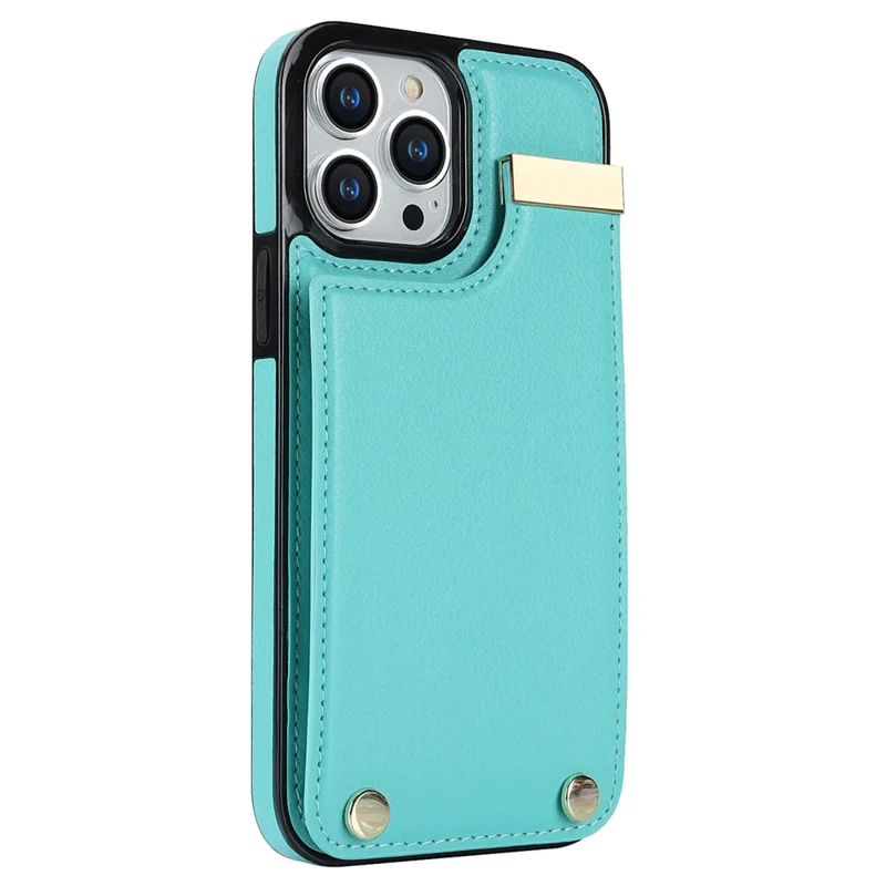 For iPhone 14 Pro Max Phone Case Card Holder TPU+PU Leather+Metal Hardware Phone Cover - Mint Green