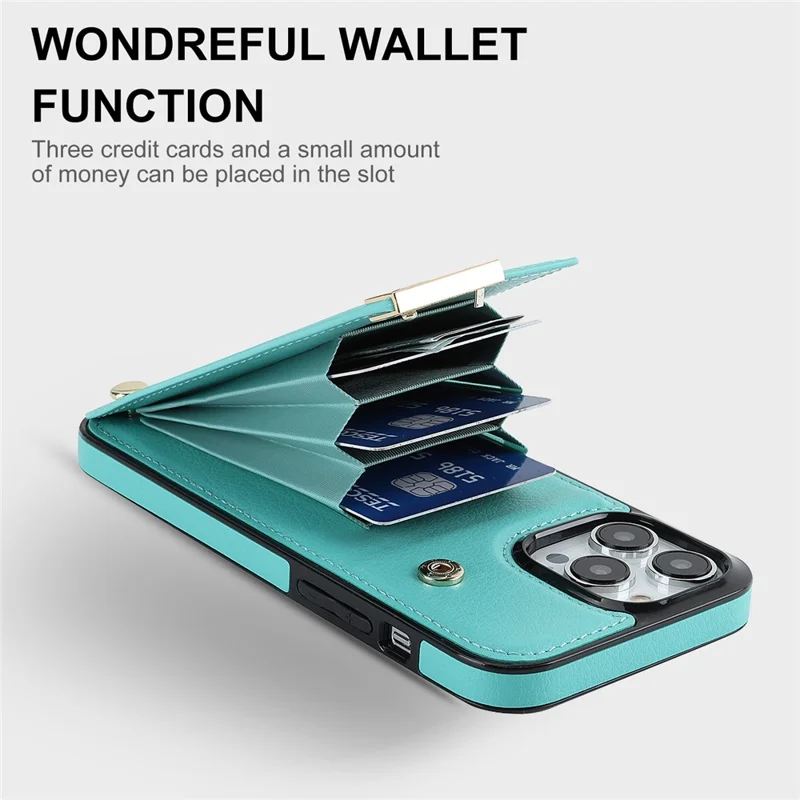 For iPhone 14 Pro Max Phone Case Card Holder TPU+PU Leather+Metal Hardware Phone Cover - Mint Green