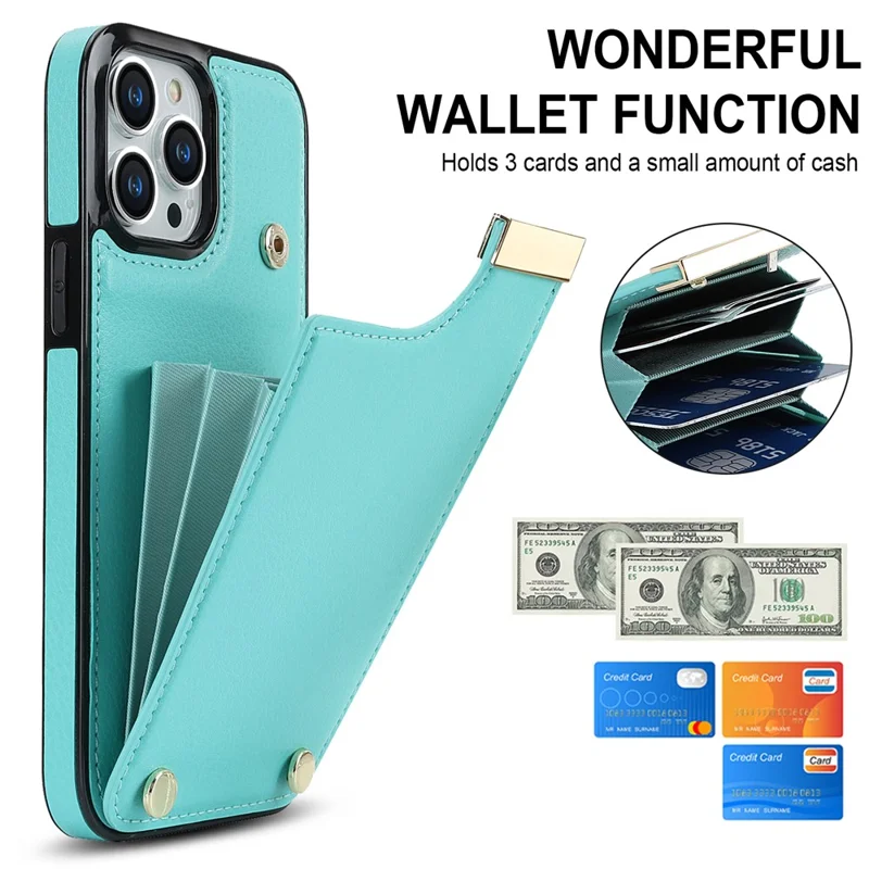 For iPhone 14 Pro Max Phone Case Card Holder TPU+PU Leather+Metal Hardware Phone Cover - Mint Green