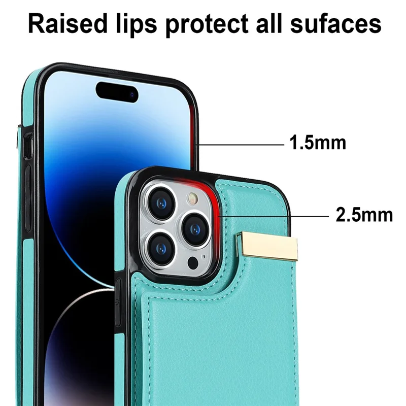 For iPhone 14 Pro Max Phone Case Card Holder TPU+PU Leather+Metal Hardware Phone Cover - Mint Green