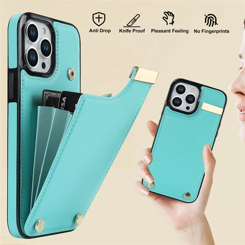 For iPhone 14 Pro Max Phone Case Card Holder TPU+PU Leather+Metal Hardware Phone Cover - Mint Green