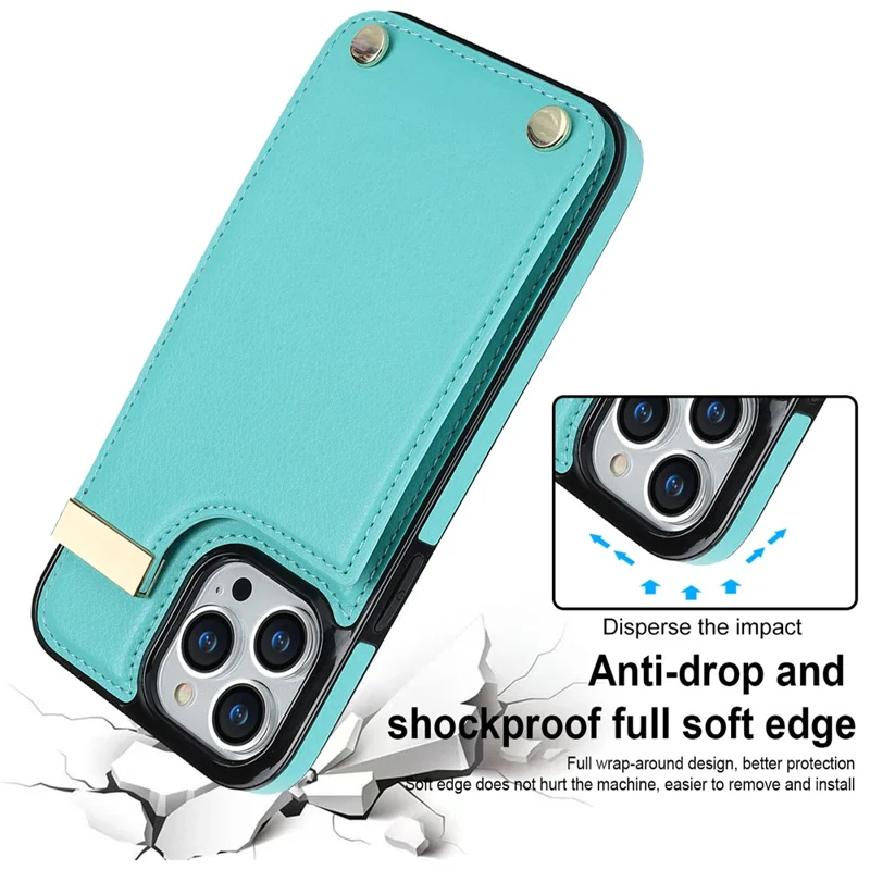 For iPhone 14 Pro Max Phone Case Card Holder TPU+PU Leather+Metal Hardware Phone Cover - Mint Green