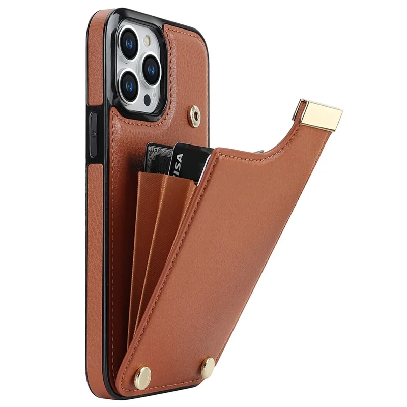 For iPhone 14 Pro Case TPU+PU Leather+Metal Cell Phone Cover with Card Holder - Brown