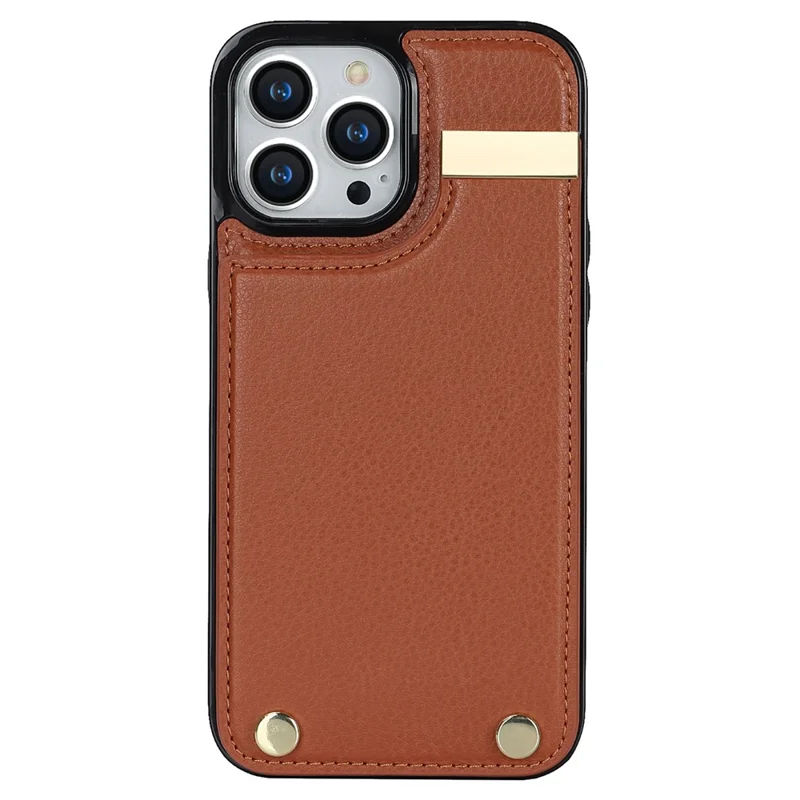 For iPhone 14 Pro Case TPU+PU Leather+Metal Cell Phone Cover with Card Holder - Brown