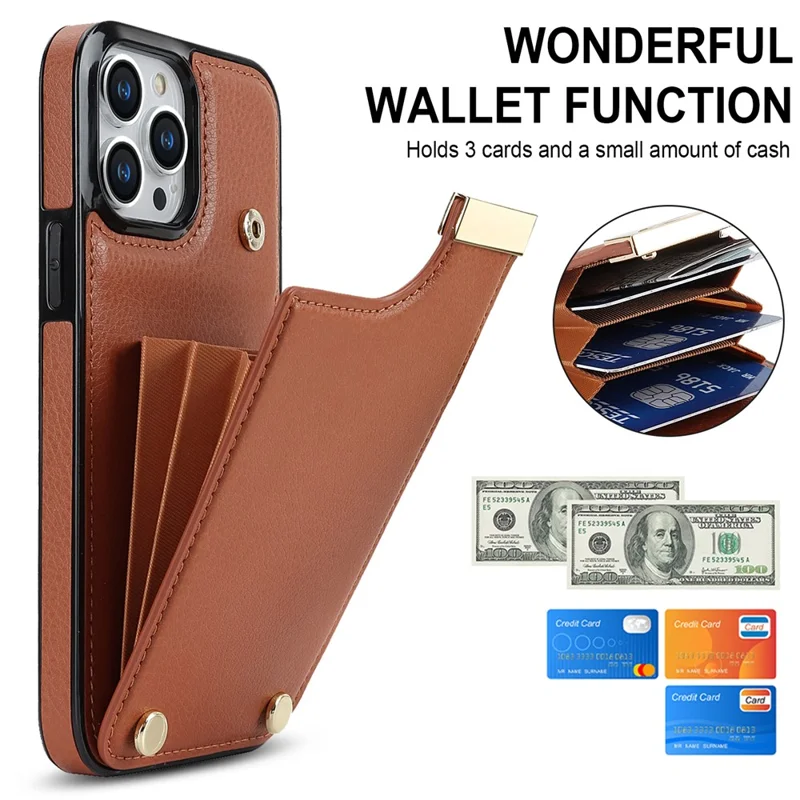 For iPhone 14 Pro Case TPU+PU Leather+Metal Cell Phone Cover with Card Holder - Brown