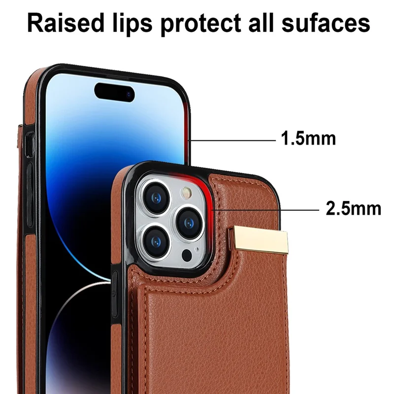 For iPhone 14 Pro Case TPU+PU Leather+Metal Cell Phone Cover with Card Holder - Brown