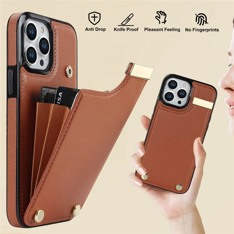 For iPhone 14 Pro Case TPU+PU Leather+Metal Cell Phone Cover with Card Holder - Brown