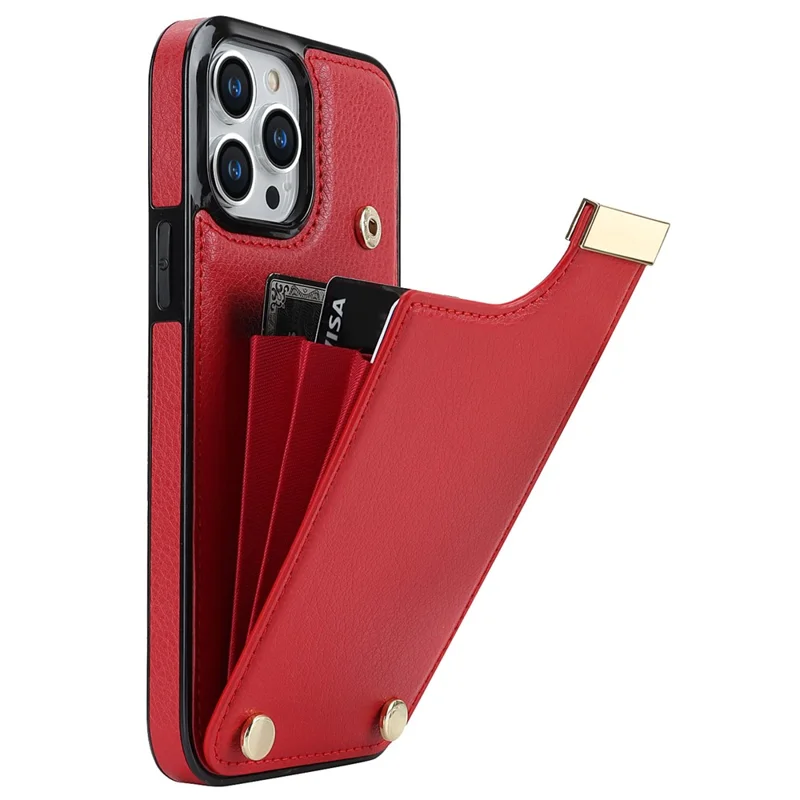 For iPhone 14 Pro Case TPU+PU Leather+Metal Cell Phone Cover with Card Holder - Red