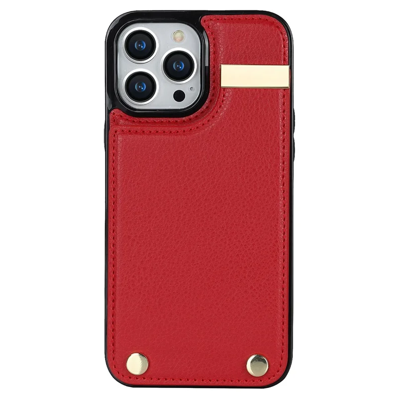 For iPhone 14 Pro Case TPU+PU Leather+Metal Cell Phone Cover with Card Holder - Red