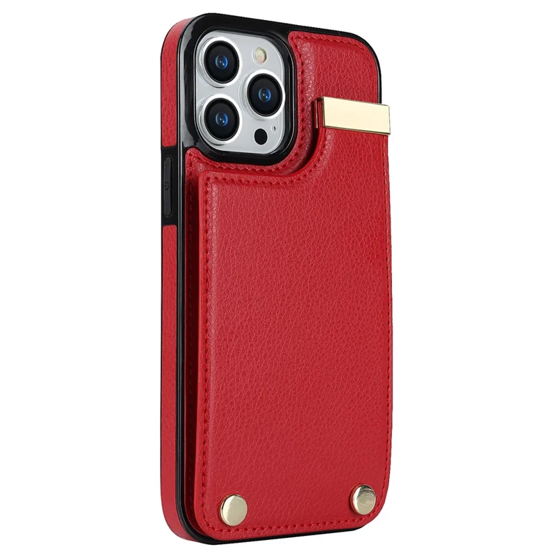 For iPhone 14 Pro Case TPU+PU Leather+Metal Cell Phone Cover with Card Holder - Red