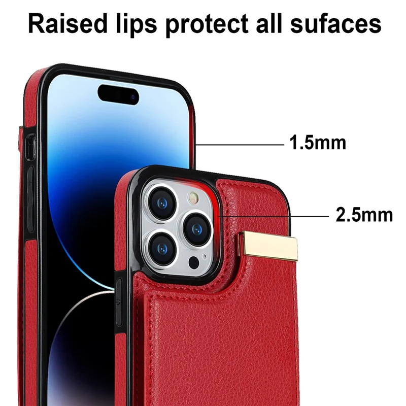 For iPhone 14 Pro Case TPU+PU Leather+Metal Cell Phone Cover with Card Holder - Red