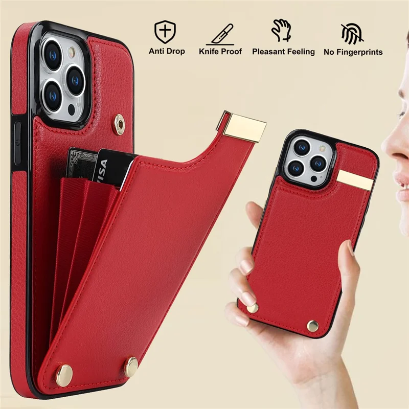 For iPhone 14 Pro Case TPU+PU Leather+Metal Cell Phone Cover with Card Holder - Red
