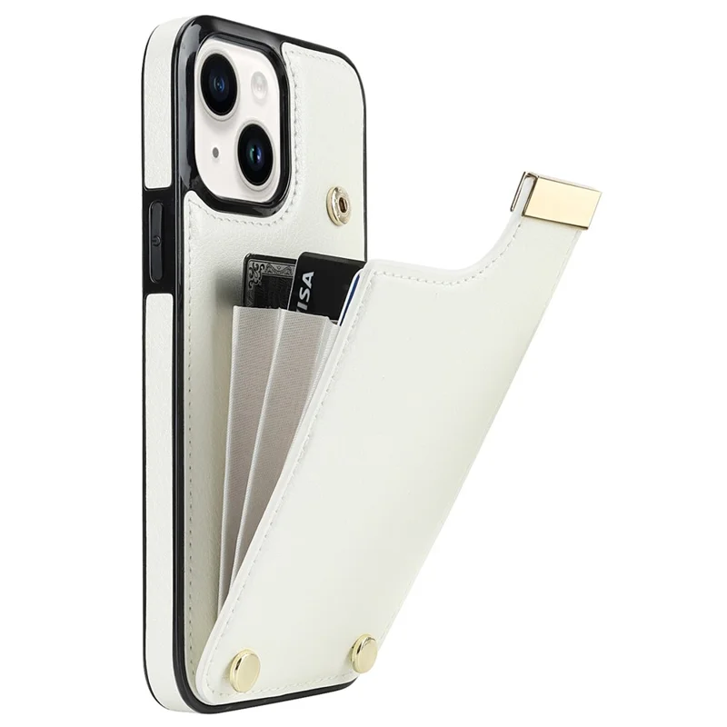 For iPhone 15 Plus Anti-Shock Case TPU+PU Leather+Metal Phone Cover with Card Holder - White