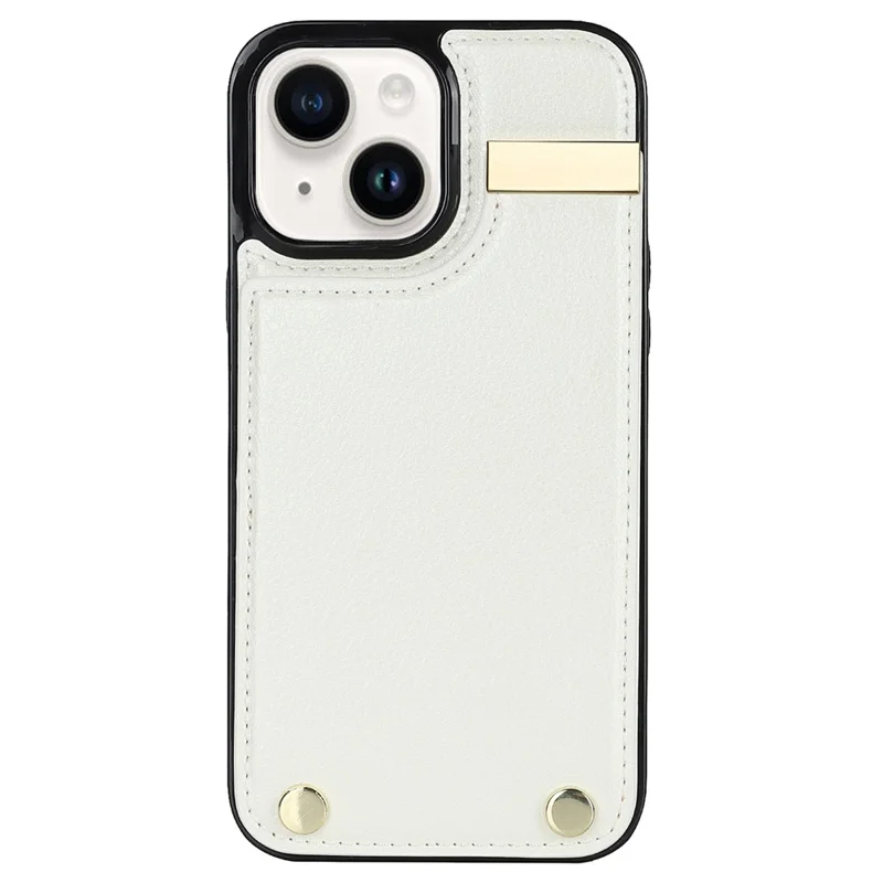 For iPhone 15 Plus Anti-Shock Case TPU+PU Leather+Metal Phone Cover with Card Holder - White