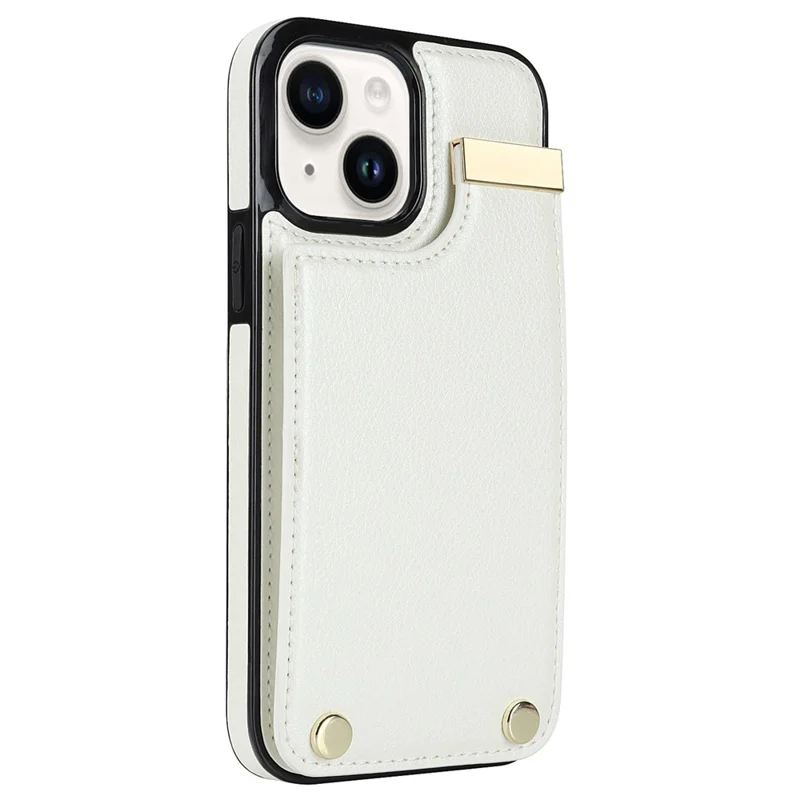 For iPhone 15 Plus Anti-Shock Case TPU+PU Leather+Metal Phone Cover with Card Holder - White