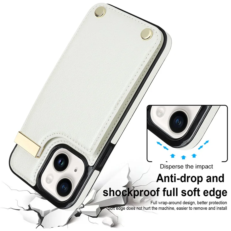 For iPhone 15 Plus Anti-Shock Case TPU+PU Leather+Metal Phone Cover with Card Holder - White