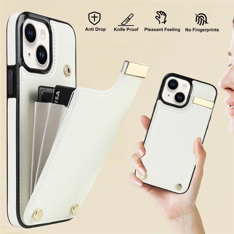 For iPhone 15 Plus Anti-Shock Case TPU+PU Leather+Metal Phone Cover with Card Holder - White