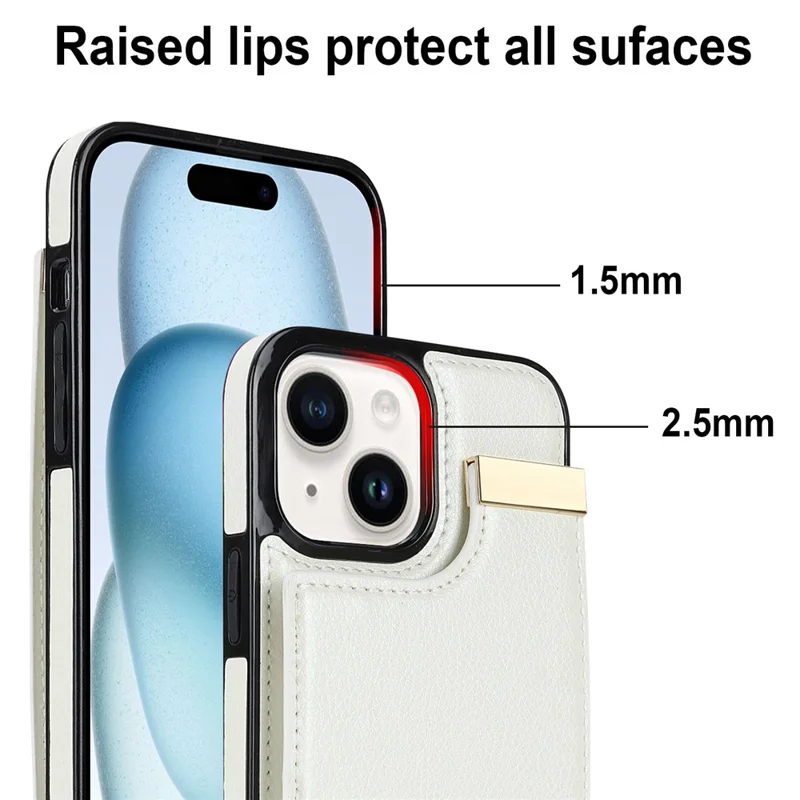 For iPhone 15 Plus Anti-Shock Case TPU+PU Leather+Metal Phone Cover with Card Holder - White