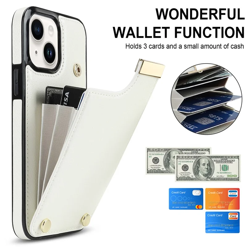 For iPhone 15 Plus Anti-Shock Case TPU+PU Leather+Metal Phone Cover with Card Holder - White
