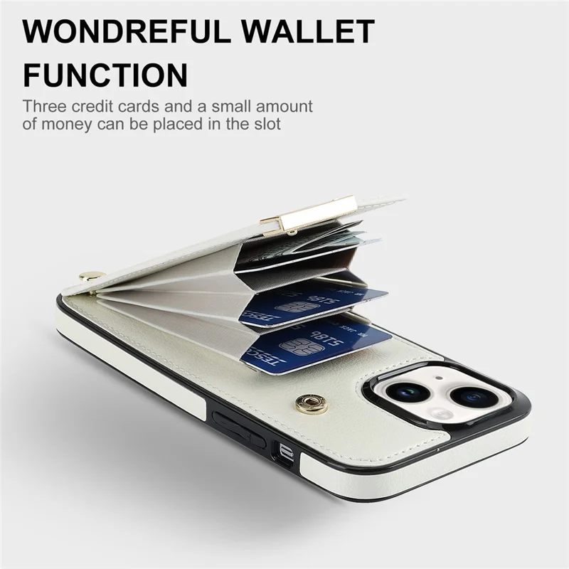For iPhone 15 Plus Anti-Shock Case TPU+PU Leather+Metal Phone Cover with Card Holder - White