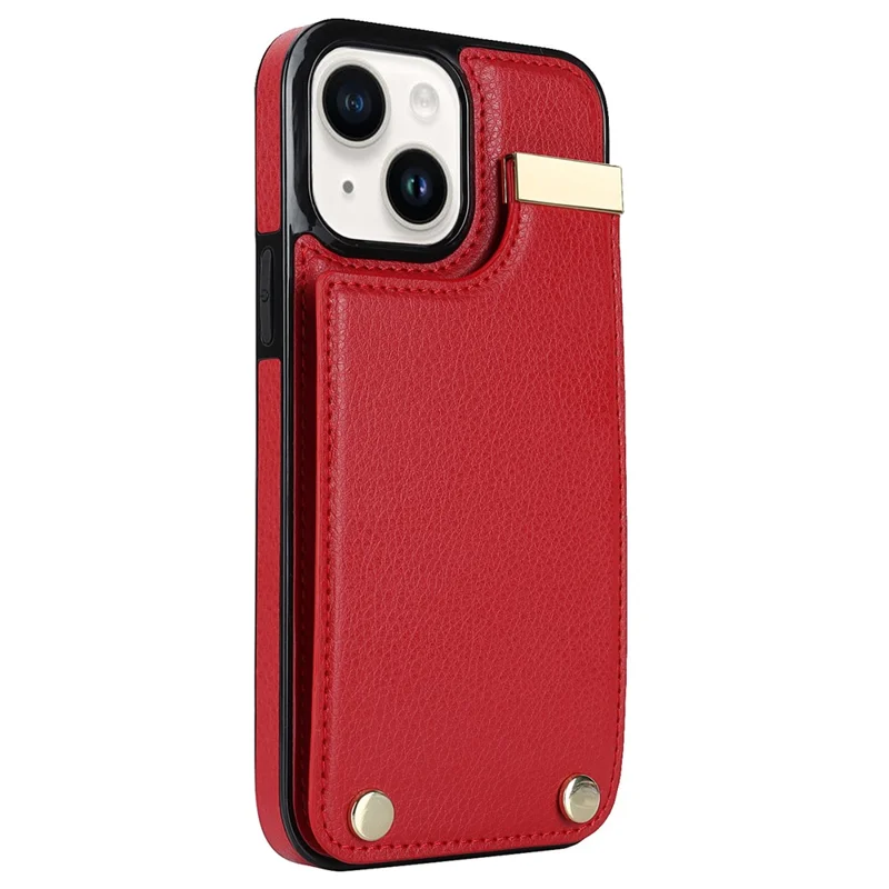 For iPhone 15 Plus Anti-Shock Case TPU+PU Leather+Metal Phone Cover with Card Holder - Red